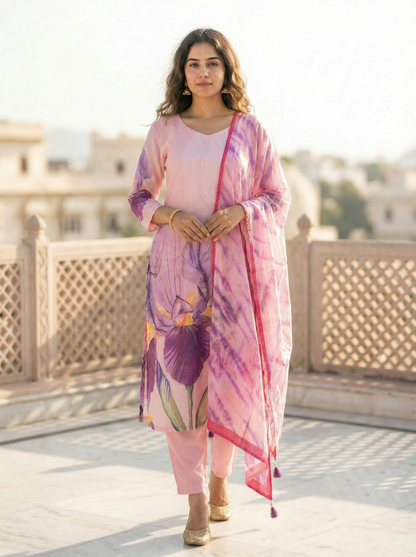 Young Pink Cotton Kurta with Trousers & Dupatta