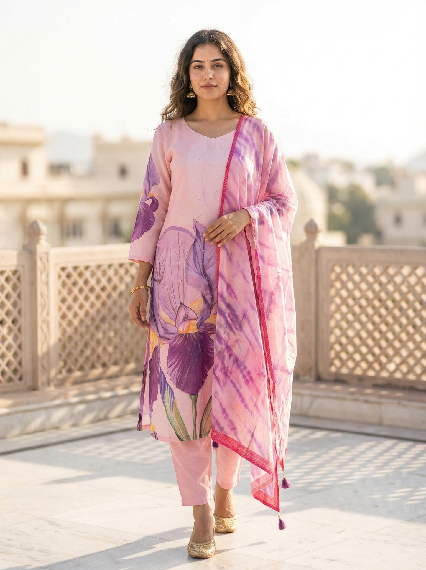 Young Pink Cotton Kurta with Trousers & Dupatta