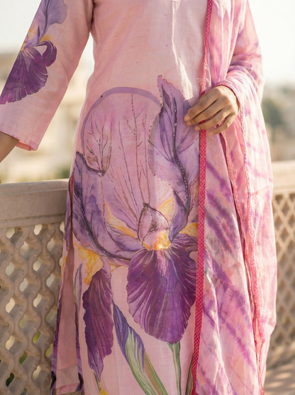 Young Pink Cotton Kurta with Trousers & Dupatta