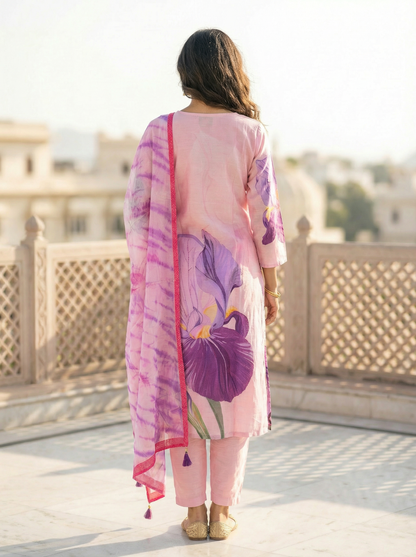 Young Pink Cotton Kurta with Trousers & Dupatta