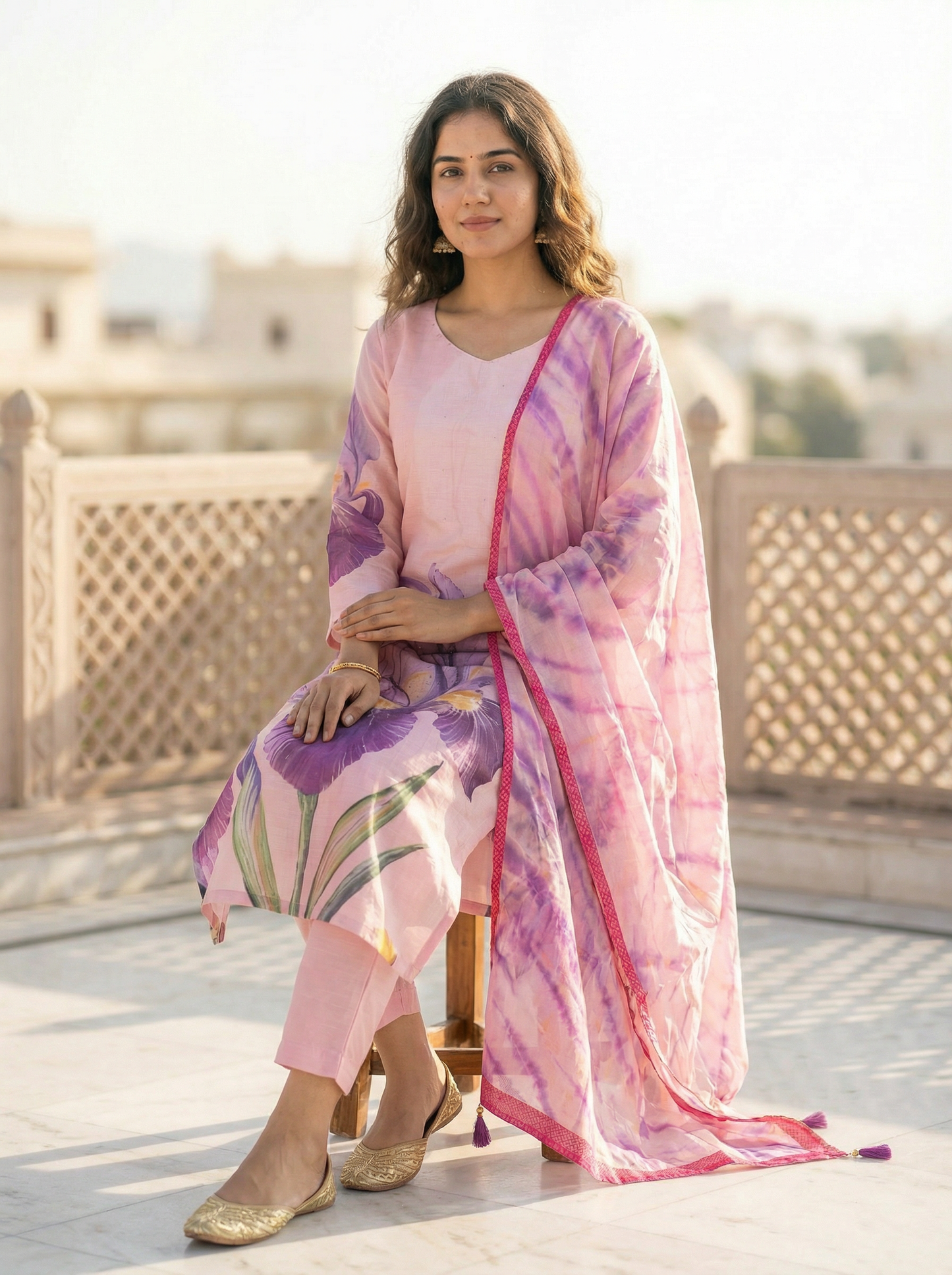 Young Pink Cotton Kurta with Trousers & Dupatta