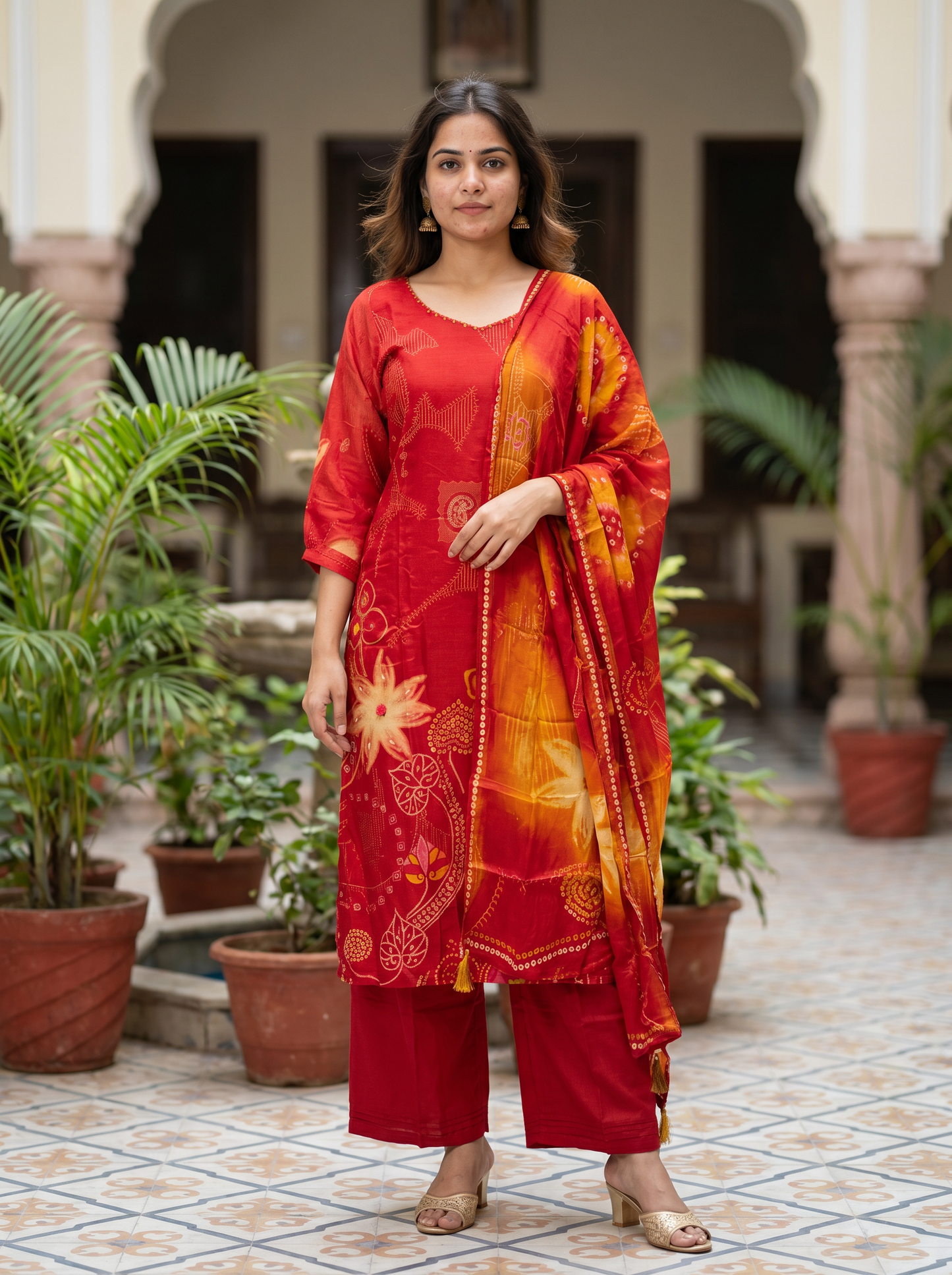 Bright Red Embroidered Kurta set & Dupatta 12804
