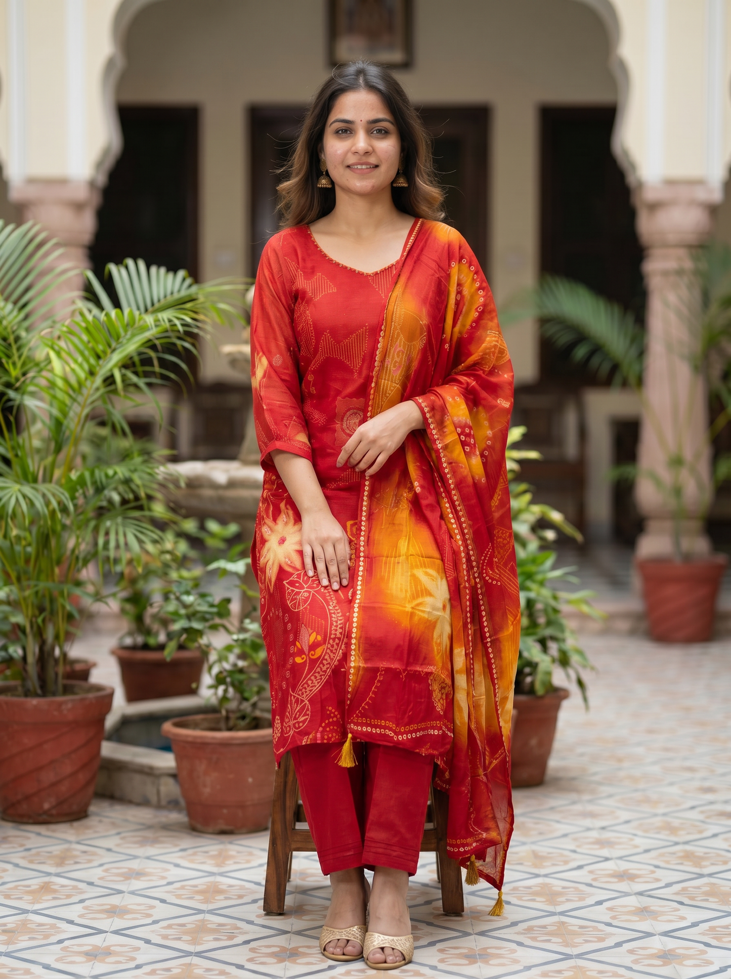 Bright Red Embroidered Kurta set & Dupatta 12804