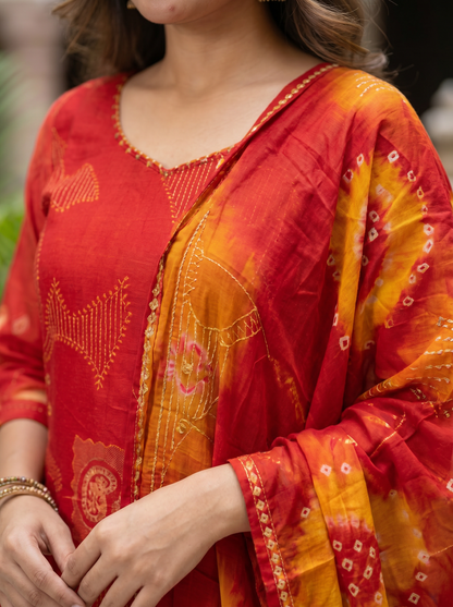 Bright Red Embroidered Kurta set & Dupatta 12804
