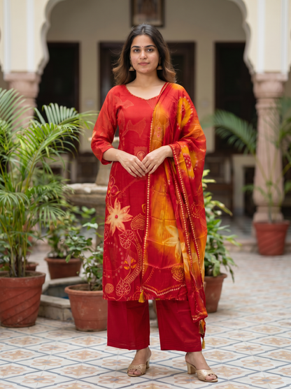 Bright Red Embroidered Kurta set & Dupatta 12804