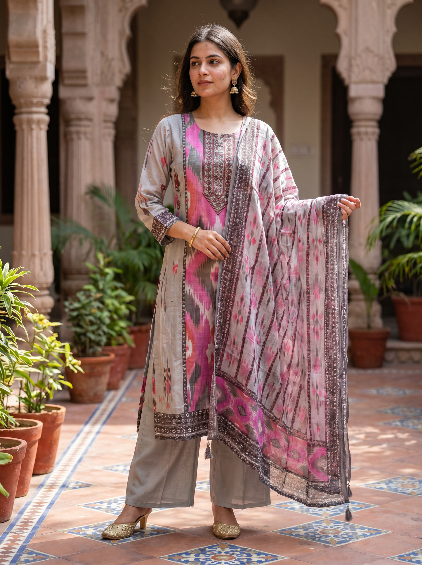 Premium Cotton Ash & pink Kurta set & Dupatta  12830