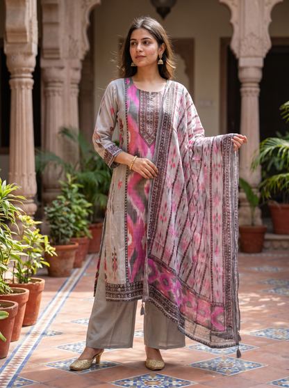 Premium Cotton Ash & pink Kurta set & Dupatta  12830