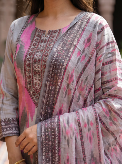 Premium Cotton Ash & pink Kurta set & Dupatta  12830