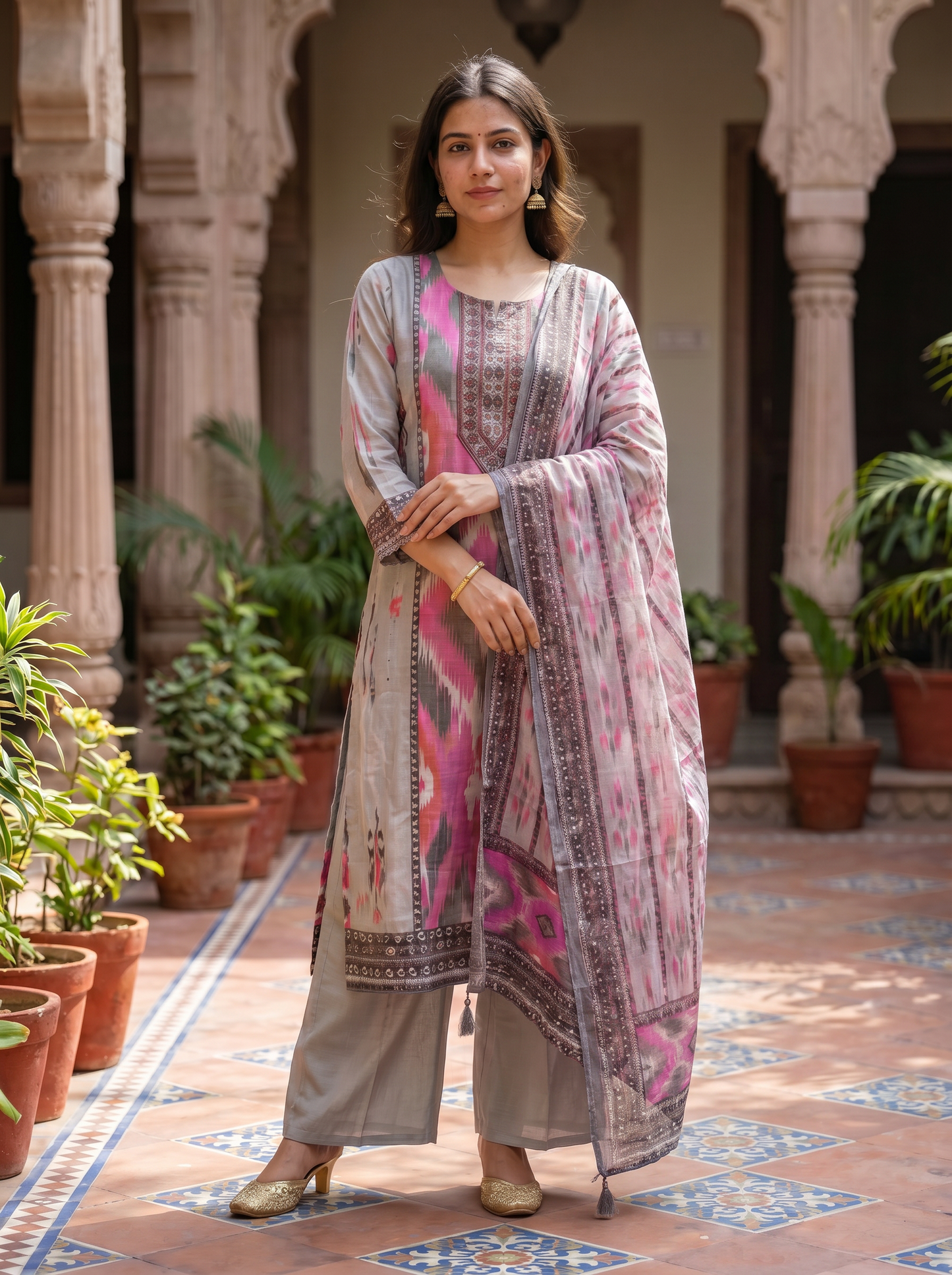 Premium Cotton Ash & pink Kurta set & Dupatta  12830