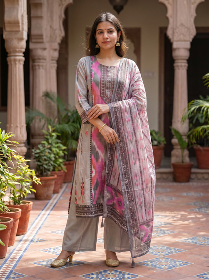 Premium Cotton Ash & pink Kurta set & Dupatta  12830