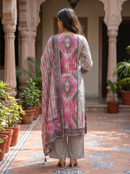 Premium Cotton Ash & pink Kurta set & Dupatta  12830