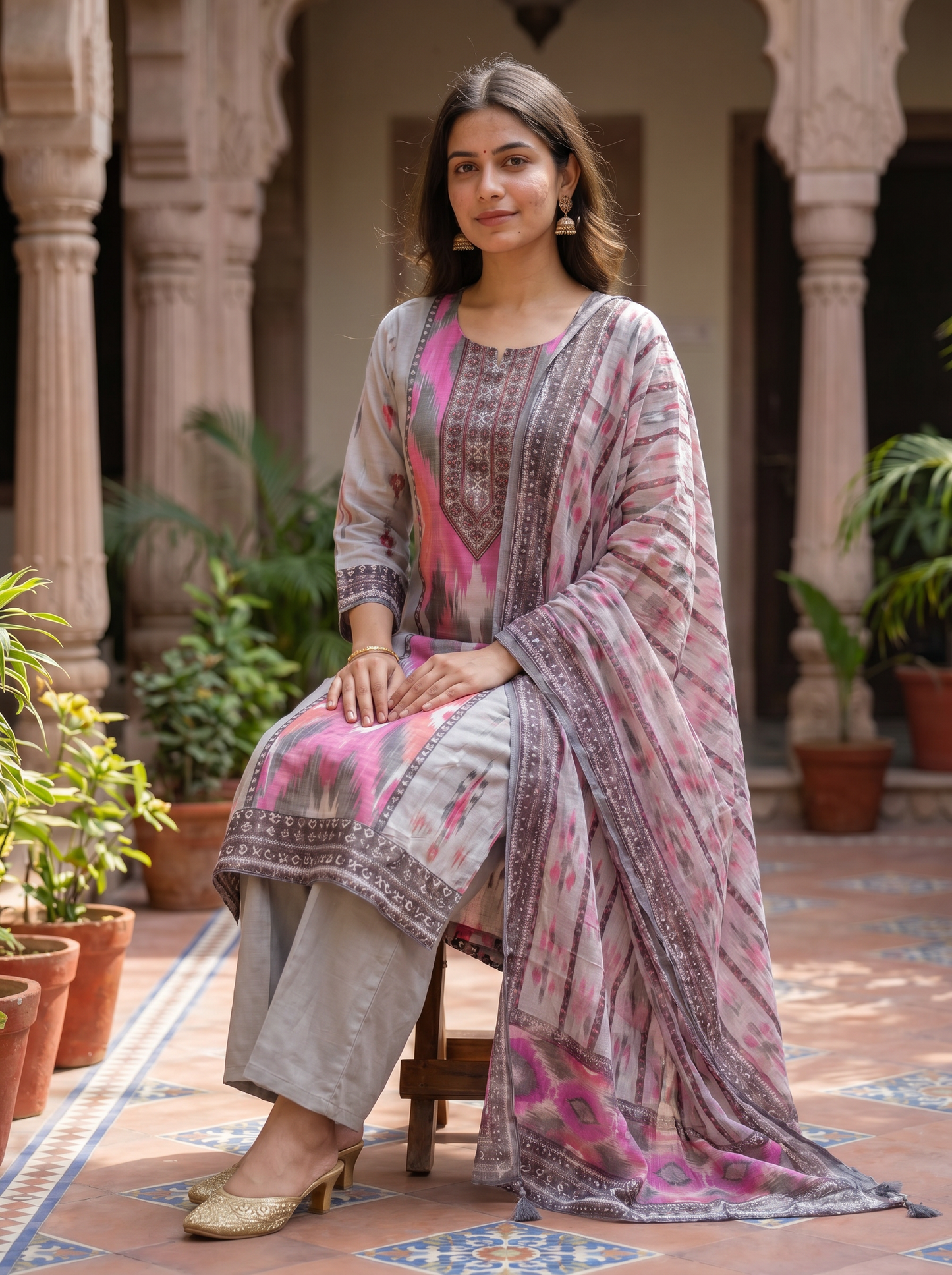 Premium Cotton Ash & pink Kurta set & Dupatta  12830