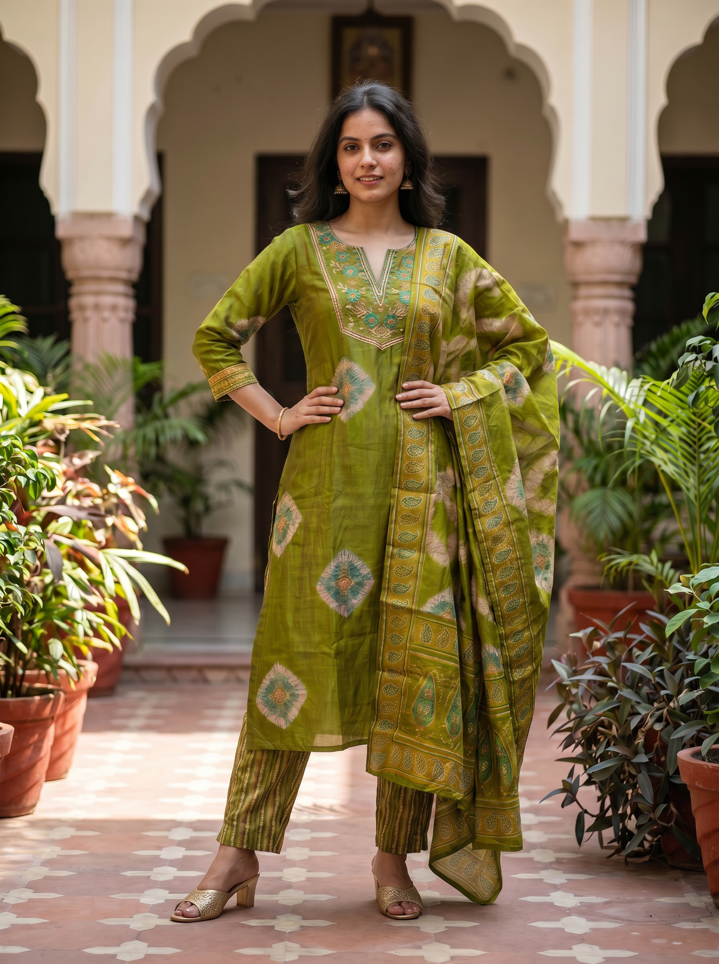 Mint Green Cotton Kurta with Trousers & Dupatta  12822-1