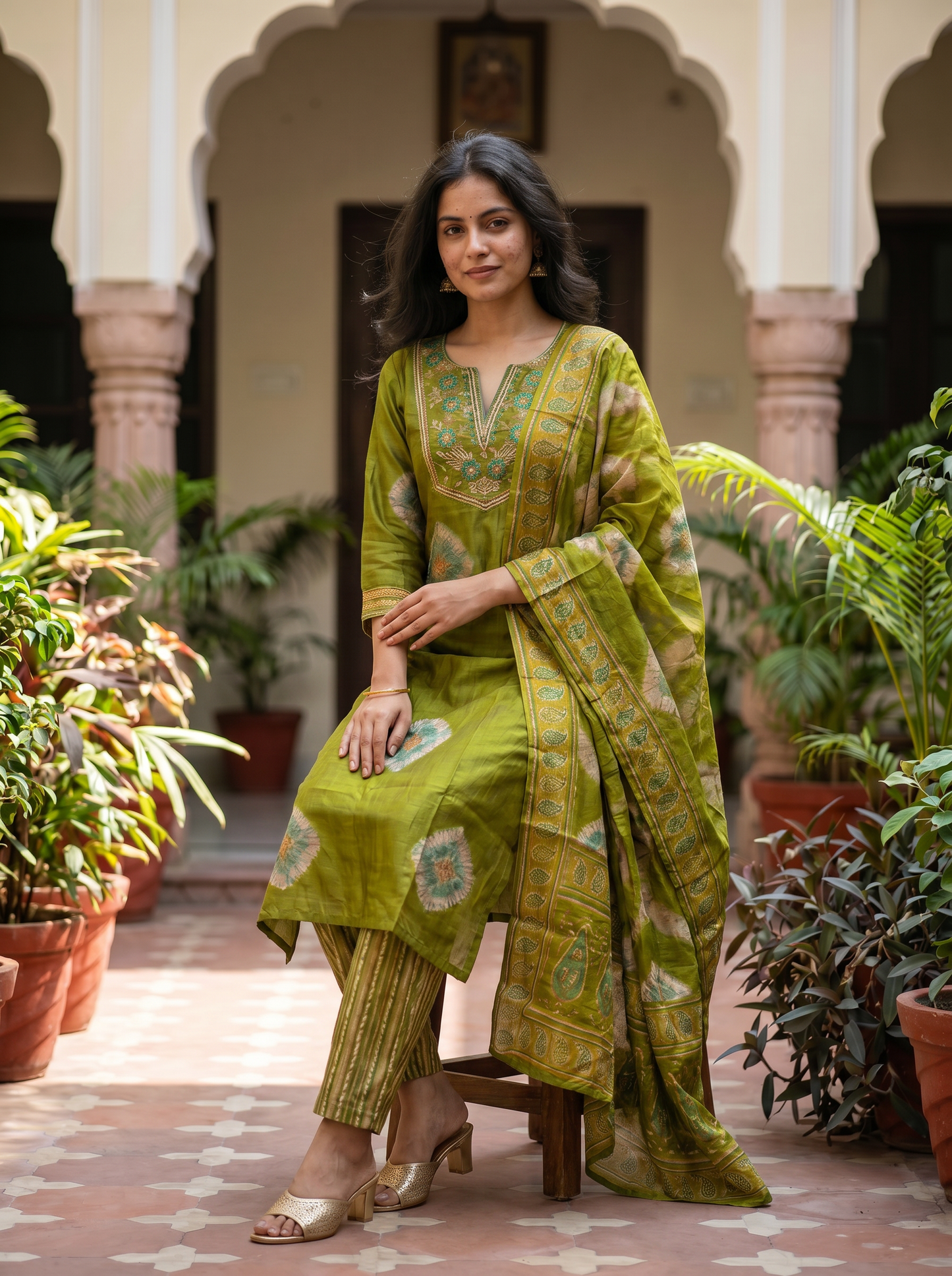 Mint Green Cotton Kurta with Trousers & Dupatta  12822-1
