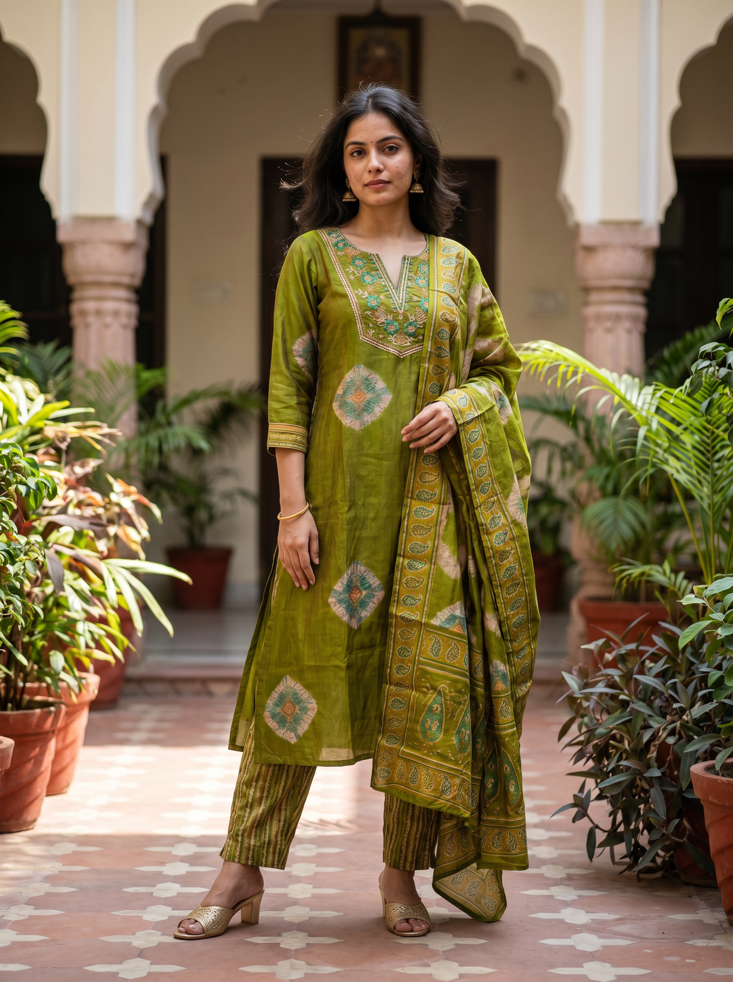 Mint Green Cotton Kurta with Trousers & Dupatta  12822-1