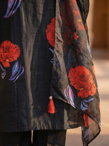 Cotton Black Kurta with Trousers & Dupatta  12748-M
