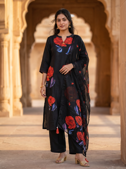 Cotton Black Kurta with Trousers & Dupatta  12748-M