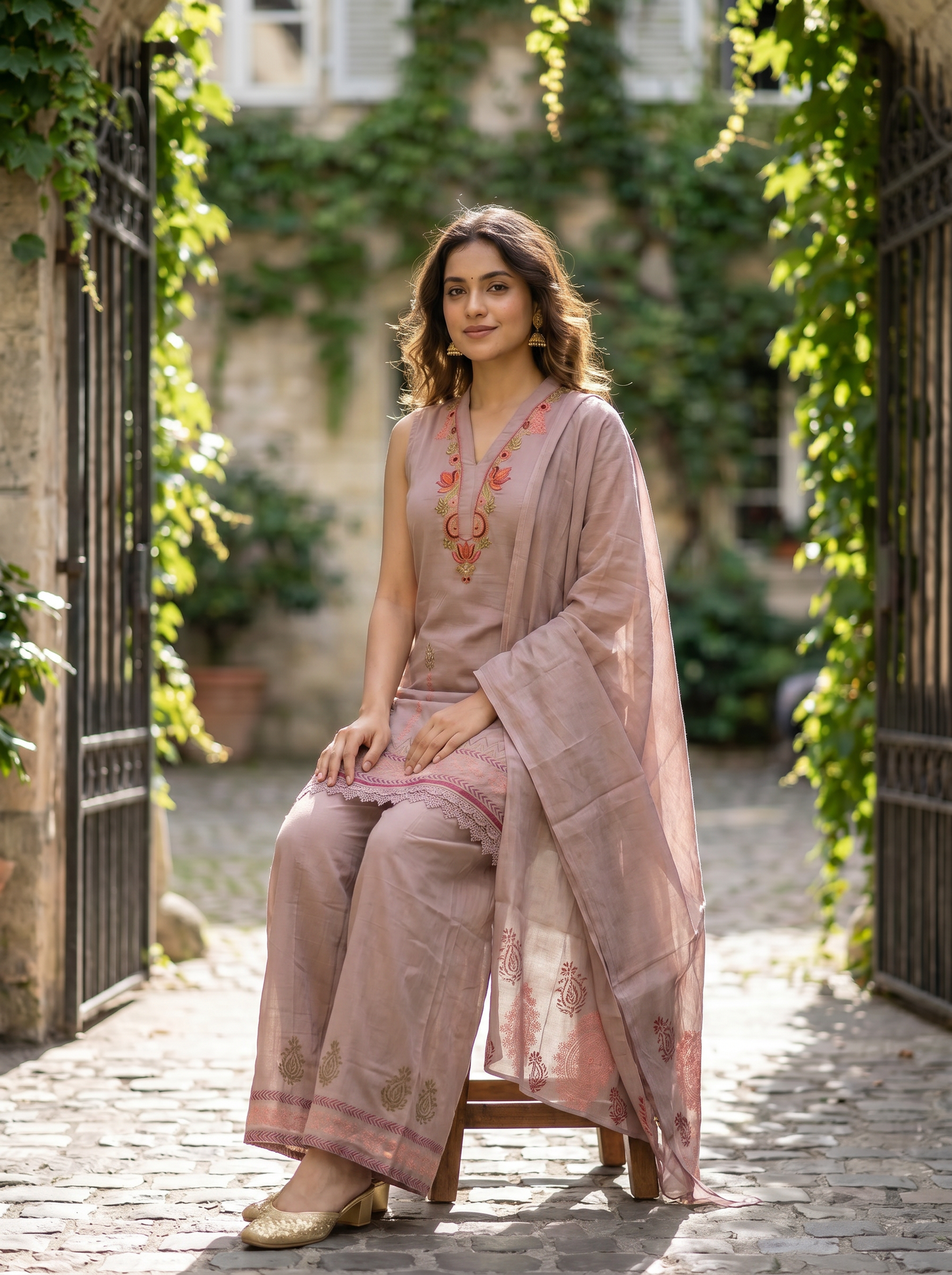 Royal Dusty Rose Embroidered Straight Kurta with Trousers & Dupatta 12970-6