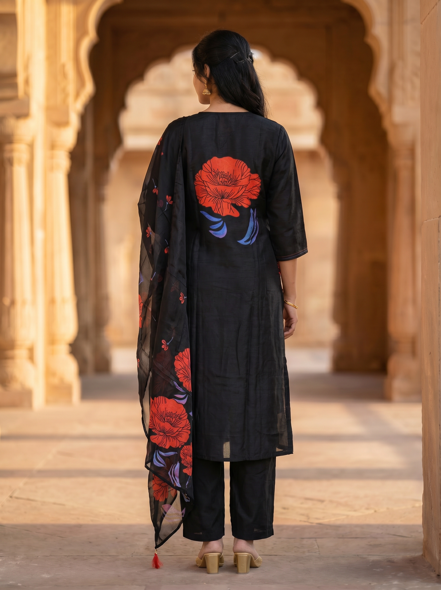 Cotton Black Kurta with Trousers & Dupatta  12748-M