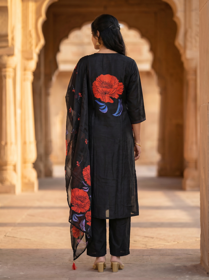 Cotton Black Kurta with Trousers & Dupatta  12748-M