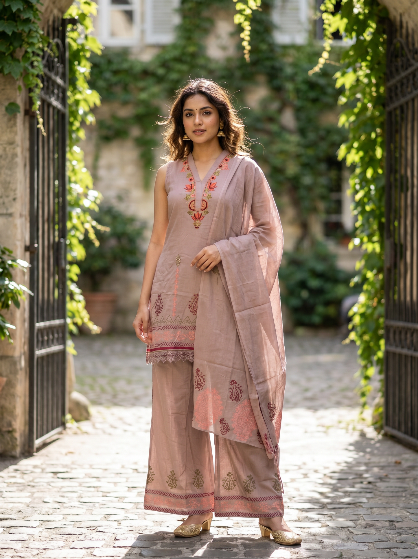 Royal Dusty Rose Embroidered Straight Kurta with Trousers & Dupatta 12970-6