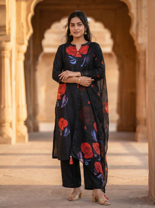 Cotton Black Kurta with Trousers & Dupatta  12748-M