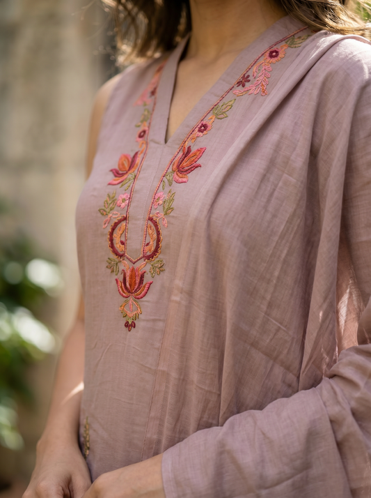 Royal Dusty Rose Embroidered Straight Kurta with Trousers & Dupatta 12970-6