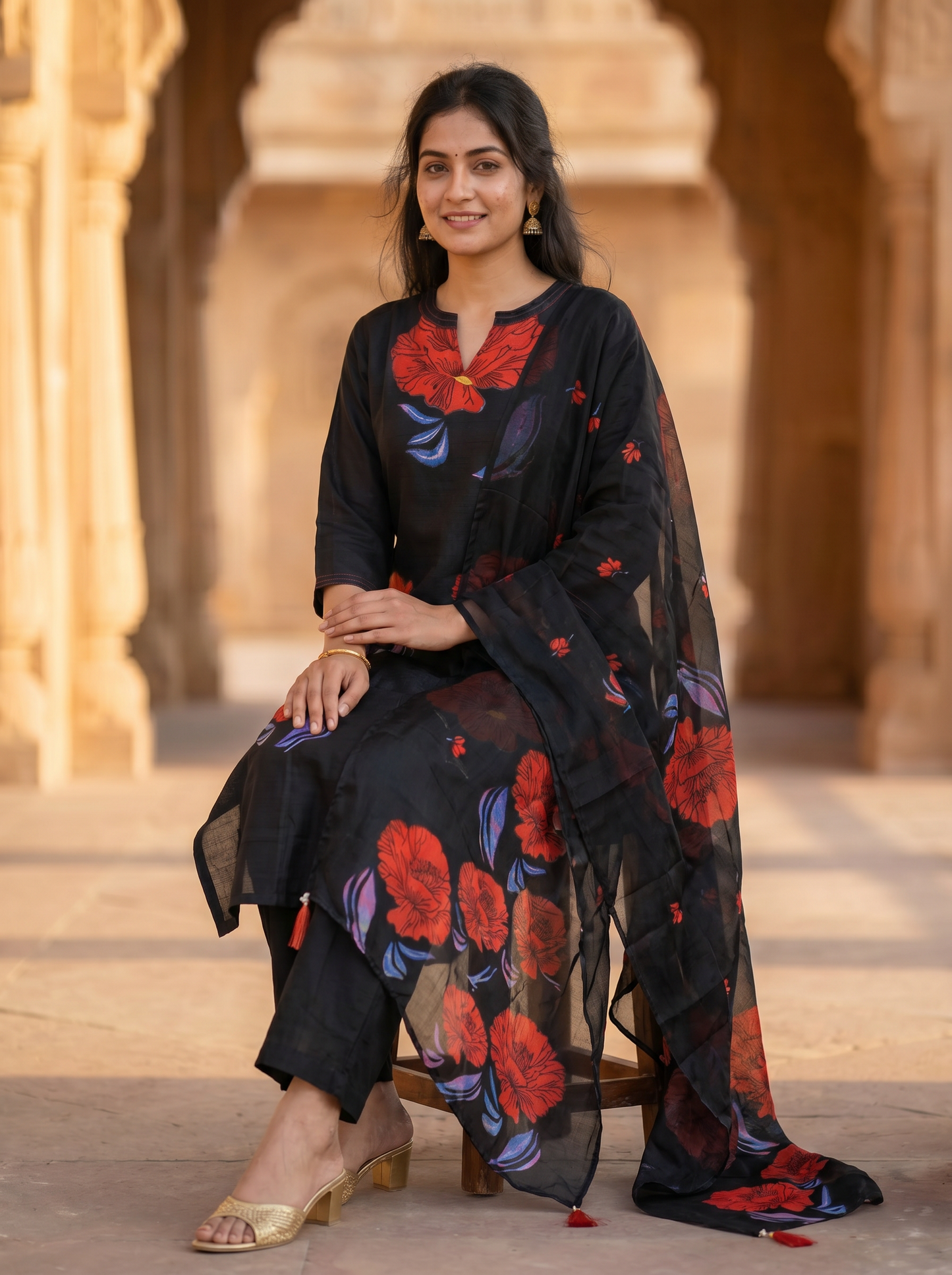 Cotton Black Kurta with Trousers & Dupatta  12748-M