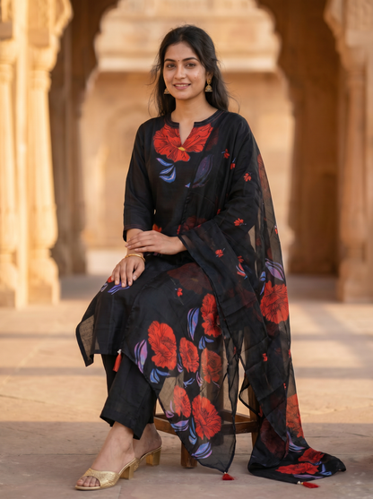 Cotton Black Kurta with Trousers & Dupatta  12748-M