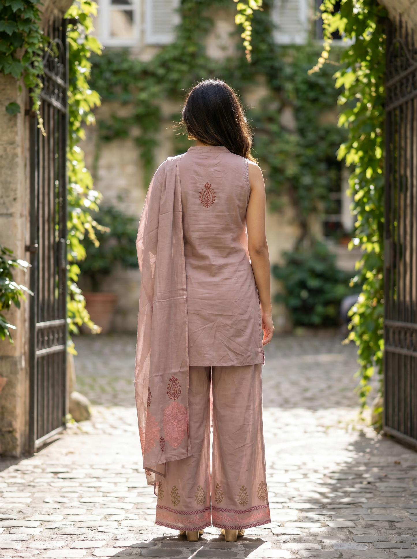 Royal Dusty Rose Embroidered Straight Kurta with Trousers & Dupatta 12970-6