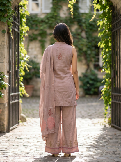 Royal Dusty Rose Embroidered Straight Kurta with Trousers & Dupatta 12970-6