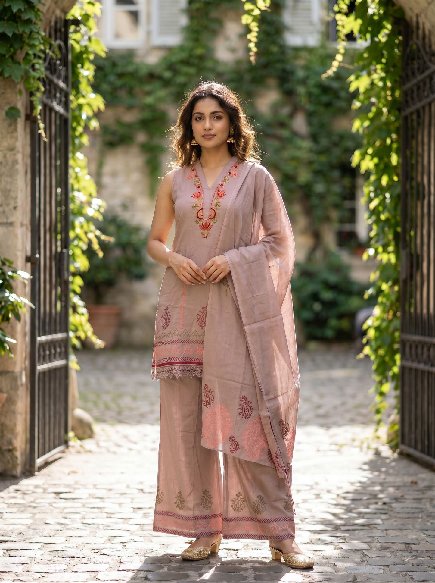 Royal Dusty Rose Embroidered Straight Kurta with Trousers & Dupatta 12970-6