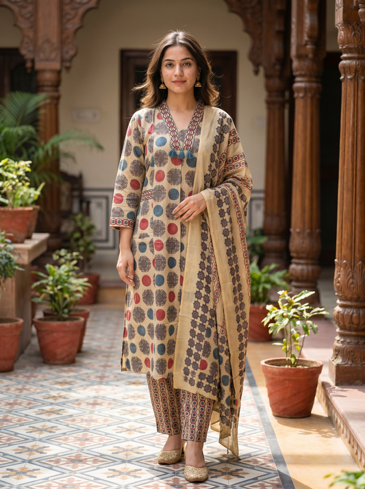 Royal designer Cotton Kurta with Trousers & Dupatta 13088-3