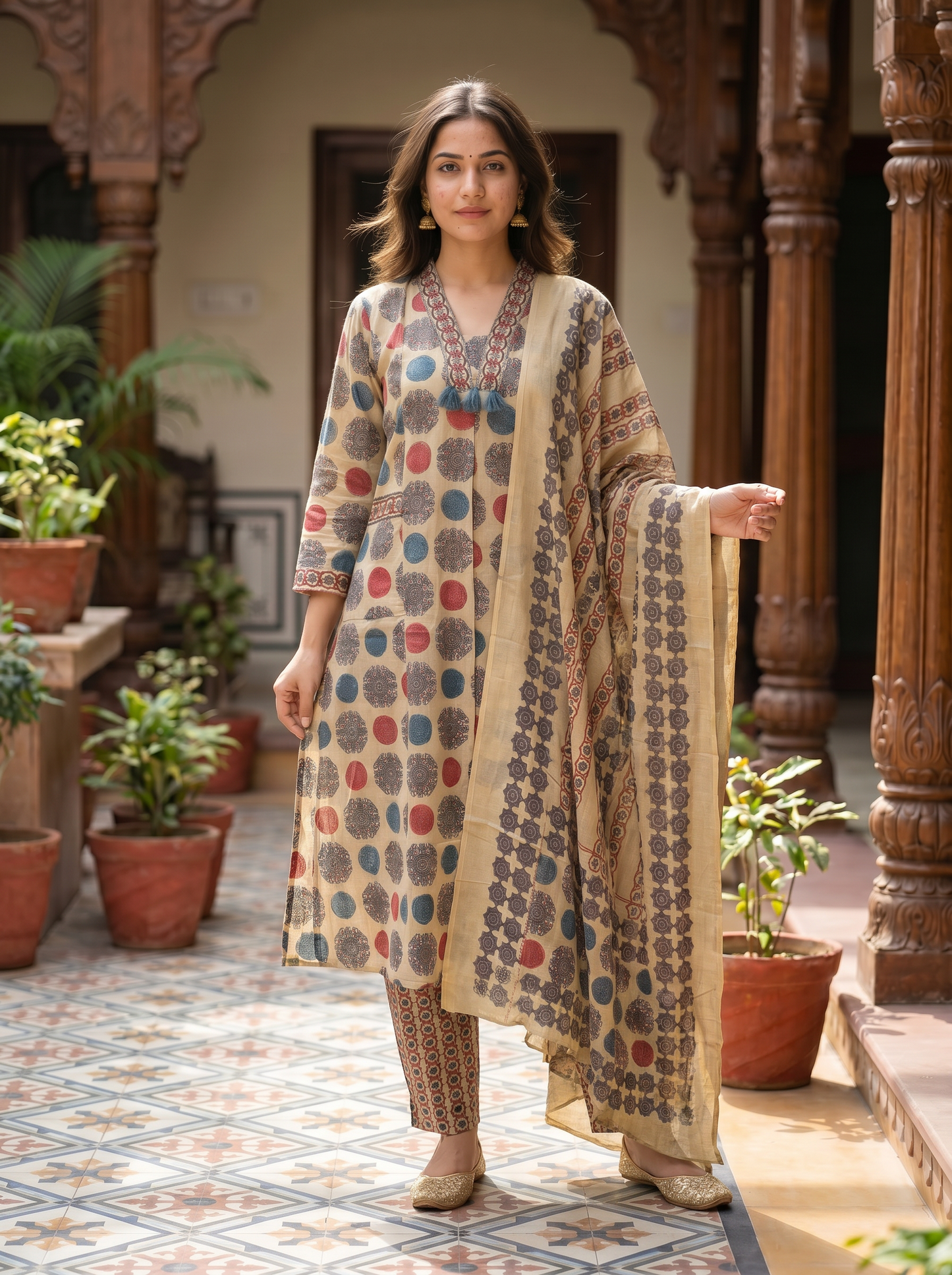 Royal designer Cotton Kurta with Trousers & Dupatta 13088-3