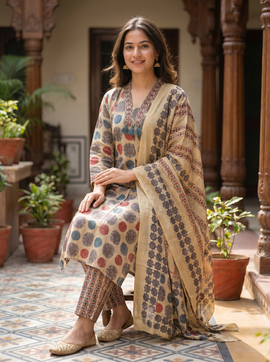 Royal designer Cotton Kurta with Trousers & Dupatta 13088-3