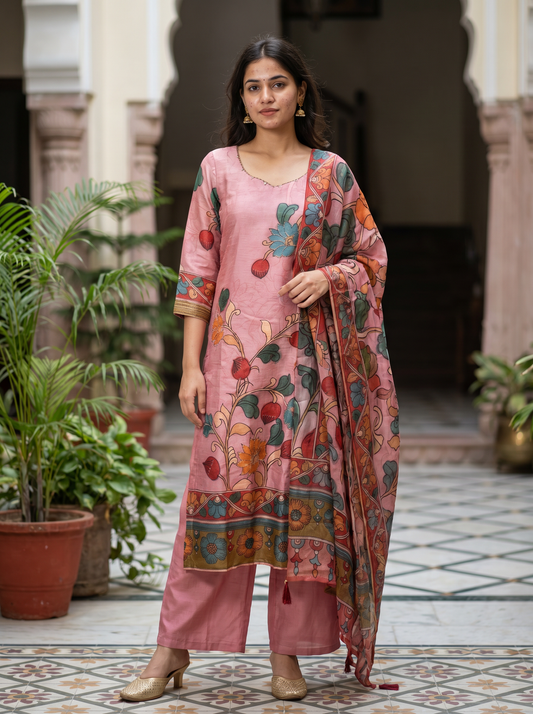 Silk pink floral Embroidered Kurta set & Dupatta 12719-M