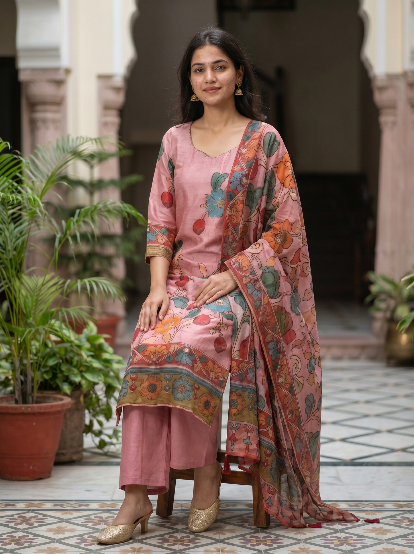 Silk pink floral Embroidered Kurta set & Dupatta 12719-M