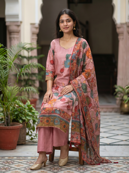 Silk pink floral Embroidered Kurta set & Dupatta 12719-M