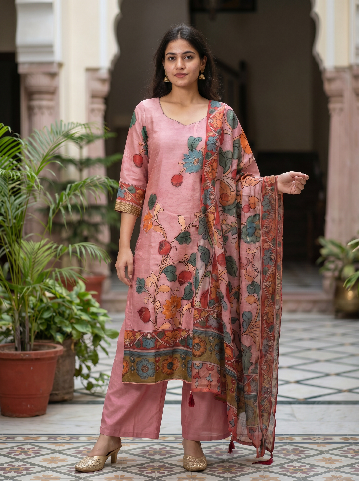 Silk pink floral Embroidered Kurta set & Dupatta 12719-M