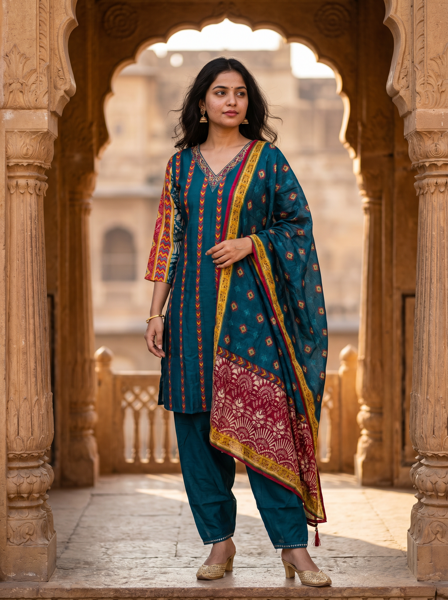 Silk blend Embroidered Straight Kurta with Trousers & Dupatta 12526