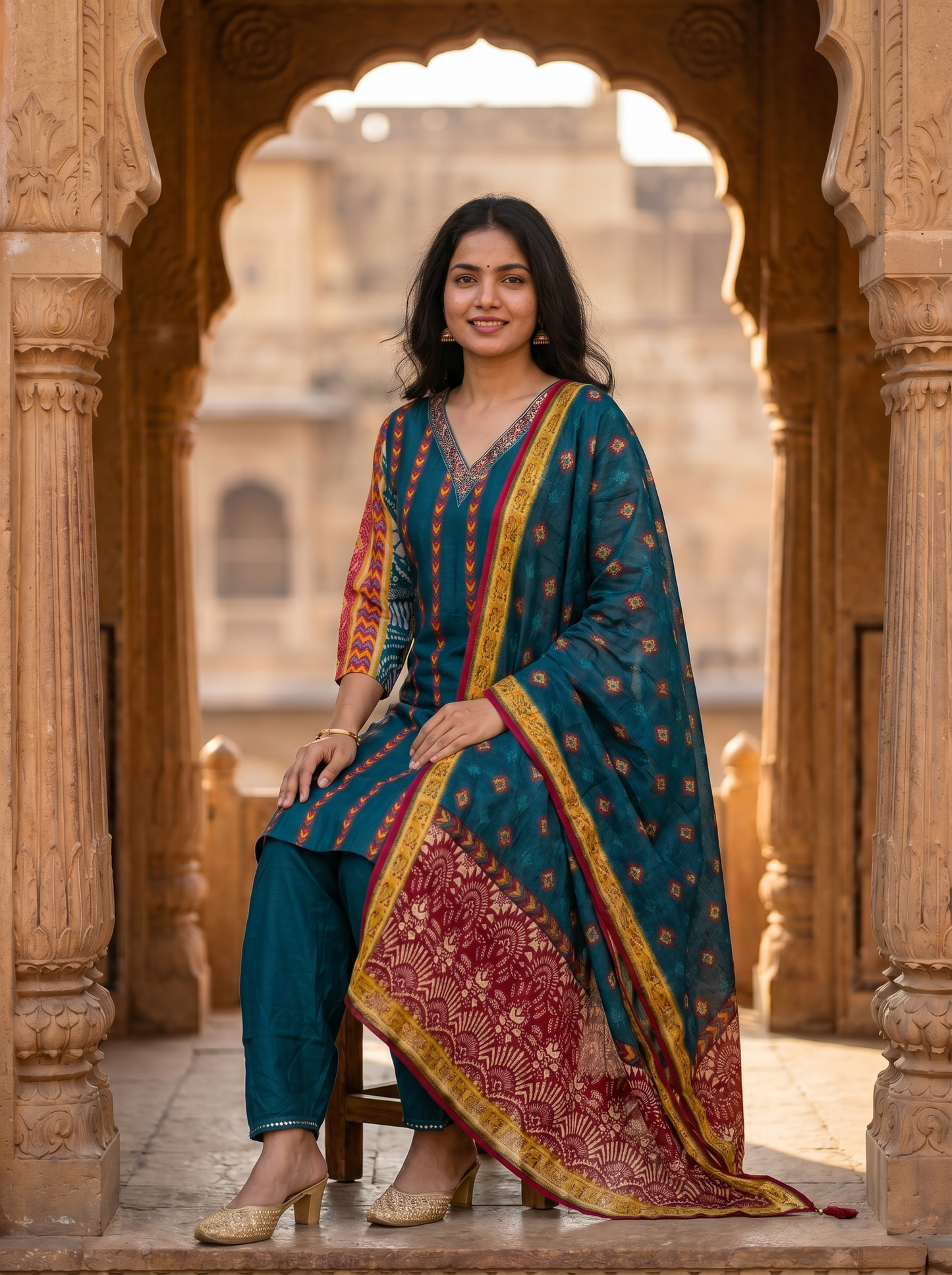 Silk blend Embroidered Straight Kurta with Trousers & Dupatta 12526