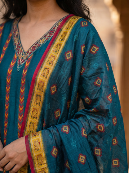 Silk blend Embroidered Straight Kurta with Trousers & Dupatta 12526