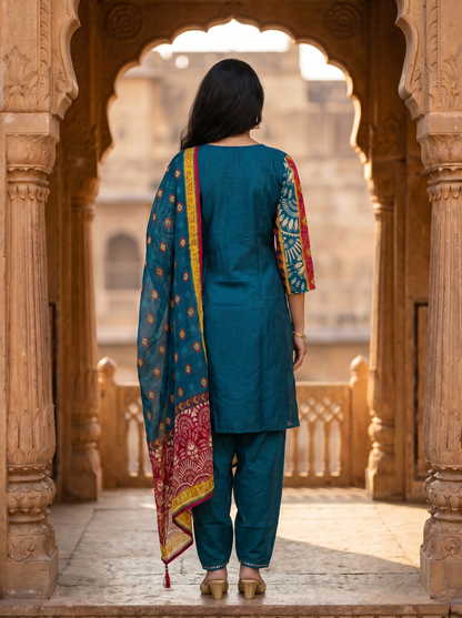 Silk blend Embroidered Straight Kurta with Trousers & Dupatta 12526