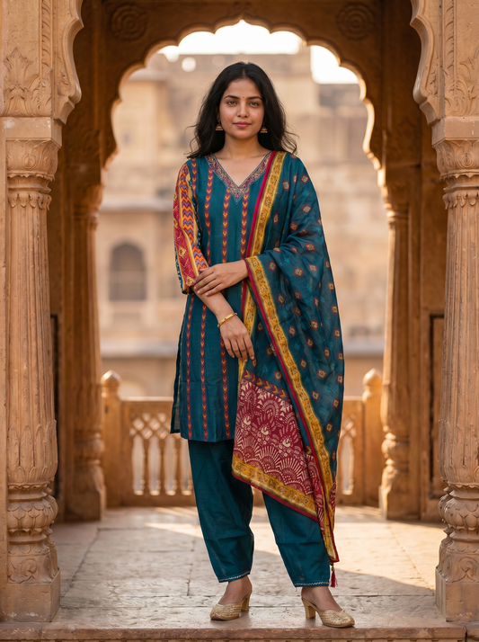 Silk blend Embroidered Straight Kurta with Trousers & Dupatta 12526