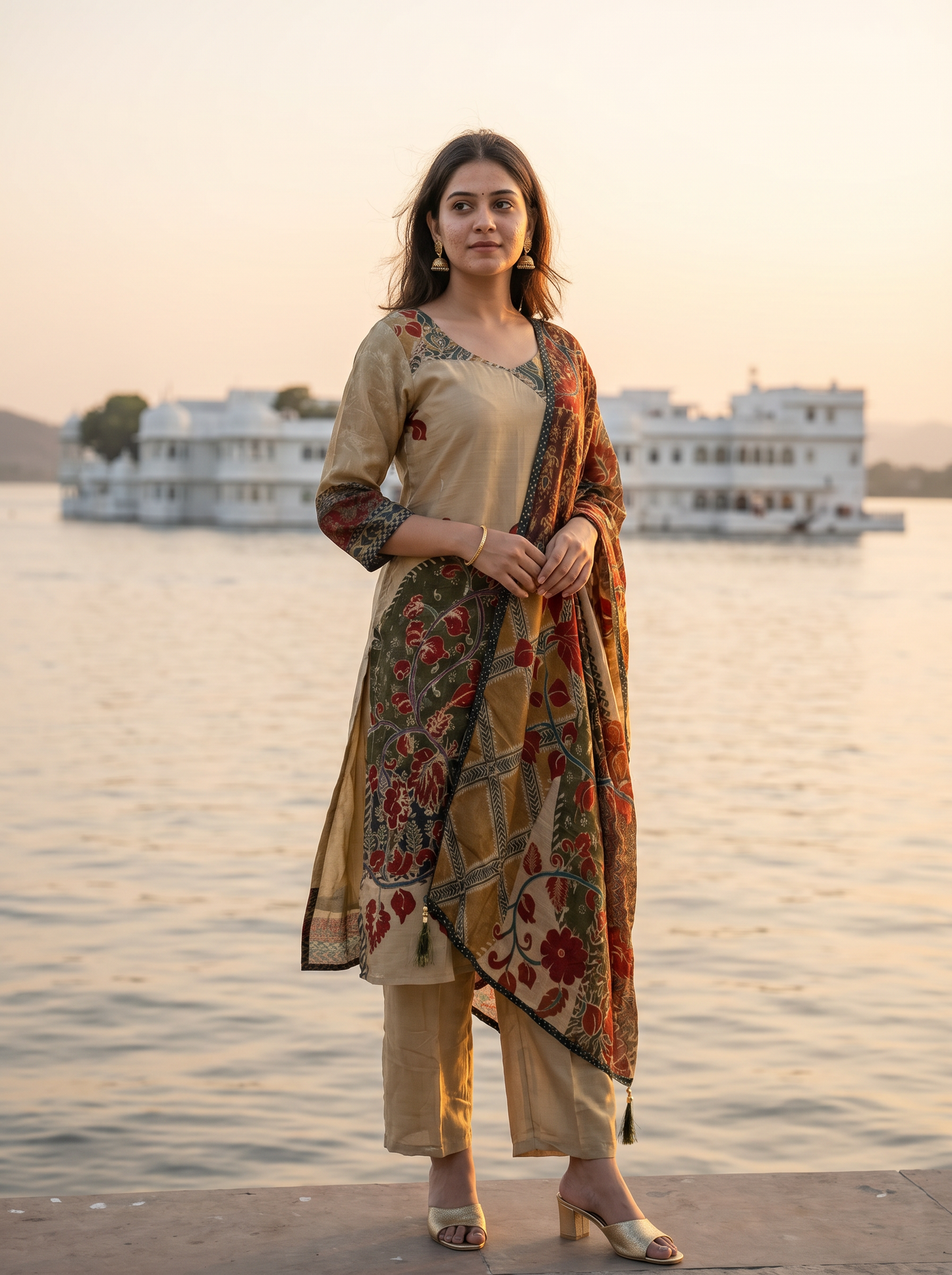 Silk Embroidered Straight Kurta with Trousers & Dupatta 12723-2