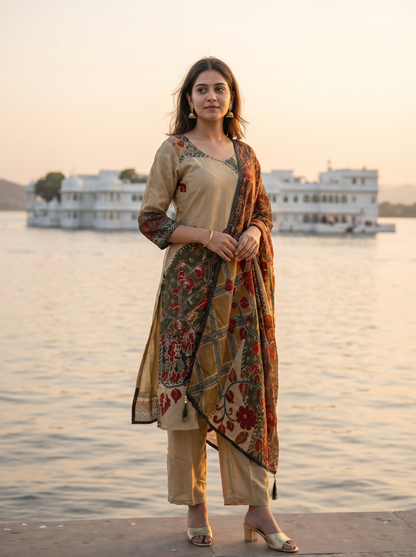 Silk Embroidered Straight Kurta with Trousers & Dupatta 12723-2
