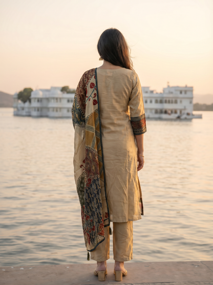Silk Embroidered Straight Kurta with Trousers & Dupatta 12723-2