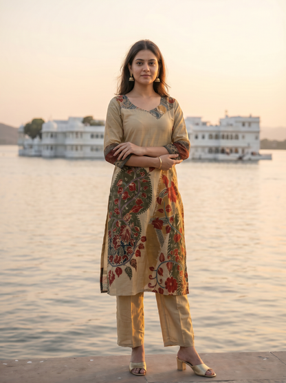 Silk Embroidered Straight Kurta with Trousers & Dupatta 12723-2