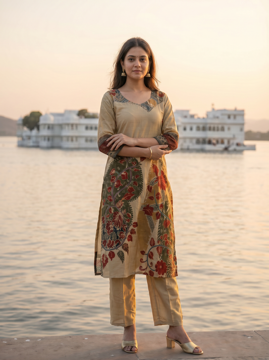 Silk Embroidered Straight Kurta with Trousers & Dupatta 12723-2
