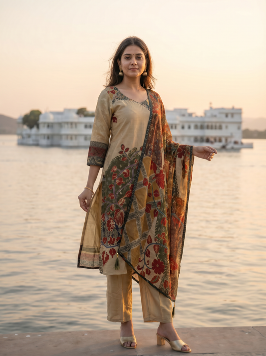 Silk Embroidered Straight Kurta with Trousers & Dupatta 12723-2